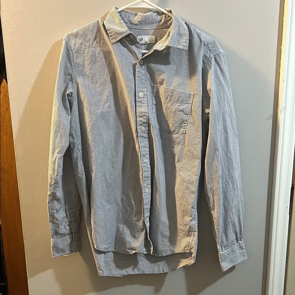 GAP Men's Blue and White Checkered Dress Shirt